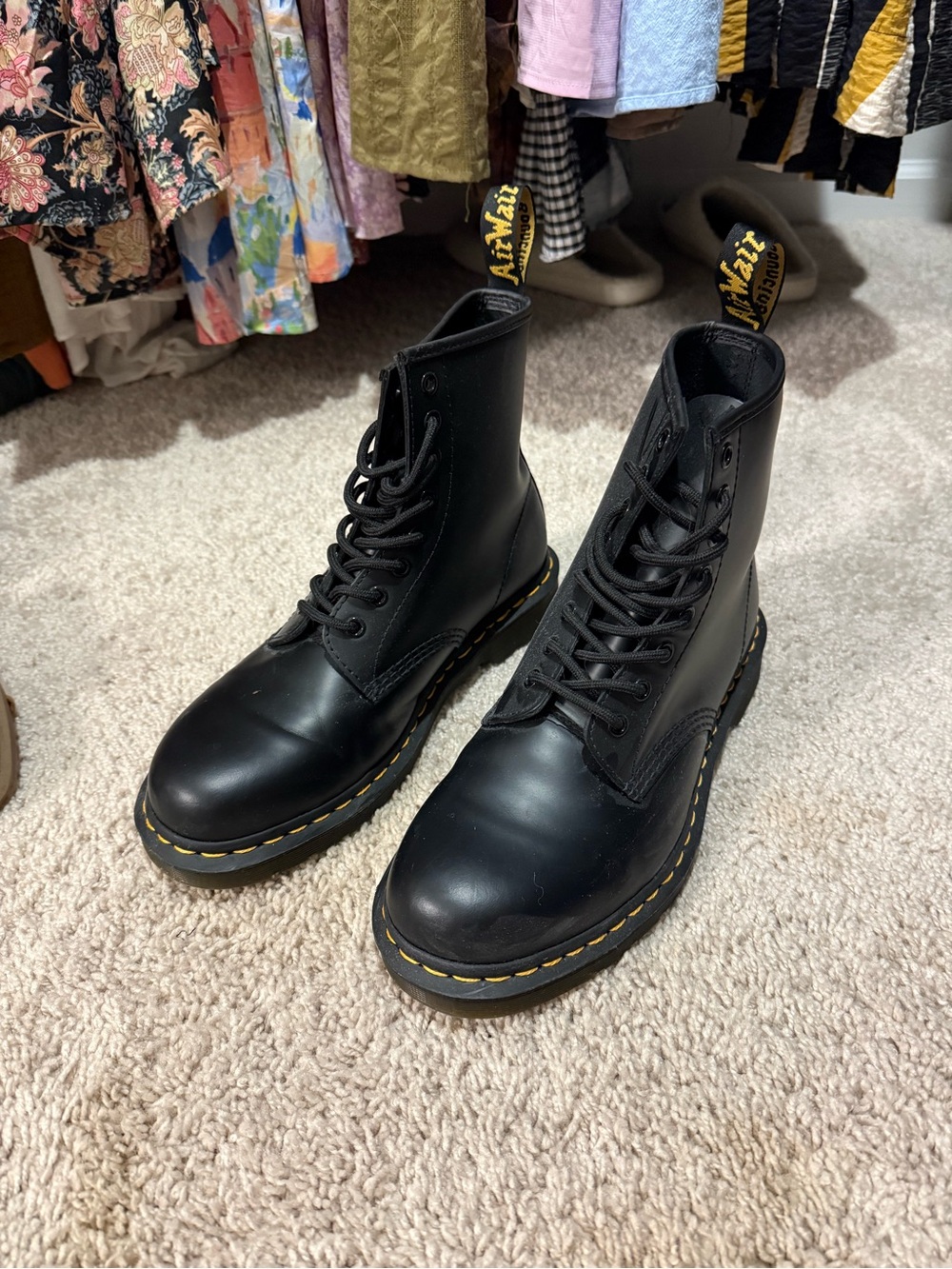 Dr. Martens 1460 Black Leather 8-Eye Lace-Up Boots with Yellow Stitching